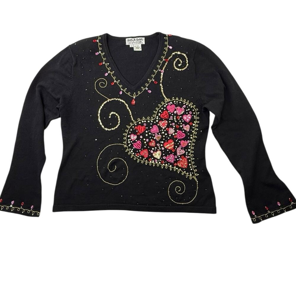 Vintage Y2K Jack B. Quick Sz L Whimsical Valentine Novelty V-Neck Sweater Hearts